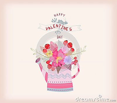 Valentines day card. watering can with a bouquet of watercolor flowers Stock Photo