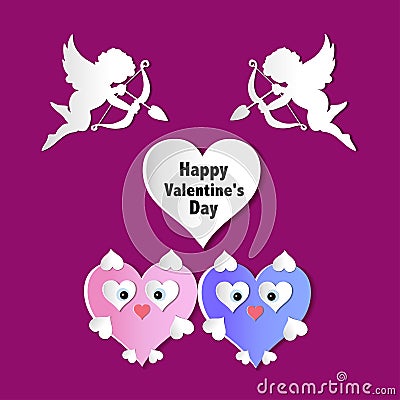 Valentines day cards with ornaments, hearts, angel and arrow Vector Illustration