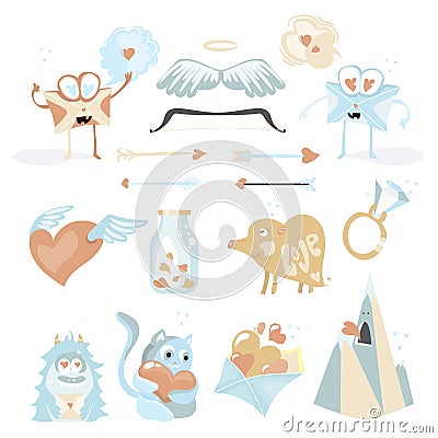 Valentines Day cartoon icon set with Cupids stuff, love envelopes, hearts kitten Vector Illustration