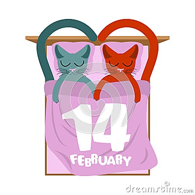 Valentines Day. Cats in bed. Cute cat sleeping love. Lover holiday14 February Vector Illustration