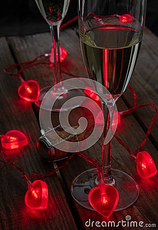 Valentines Day Drinks, with heart shaped fairy lights Stock Photo