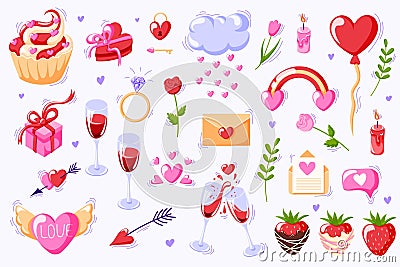 Valentines Day collection of elements and stickers in cartoon style. Heart shape, strawberry in chocolate, diamond ring Vector Illustration