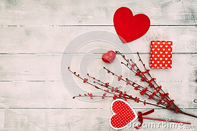 Valentines Day composition. Red hearts, gift box, on wooden background. Love or romantic concept. Flat lay Stock Photo