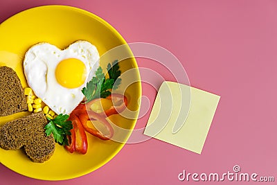 Valentines day concept breakfast and colour sticky note Stock Photo