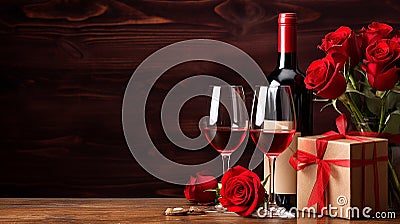 valentines day concept, gift box on wooden table with red roses, greeting card Stock Photo