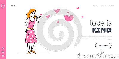 Valentines Day Concept for Landing Page Template. Young Woman Character in Pink Dress Send Air Kiss with Flying Hearts Vector Illustration