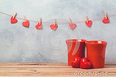 Valentines day concept with red coffee cups and heart shapes Stock Photo