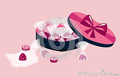 Valentines day concept. Sweets, candies and box of chocolates with big bow. Vector Illustration