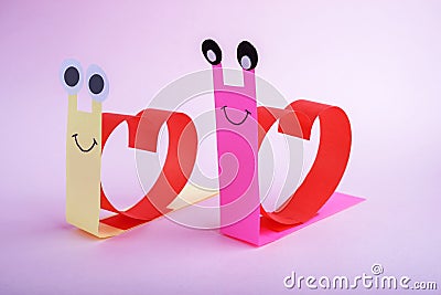 Valentines day craft, greeting card. DIY and kid`s creativity. Step by step instruction: how to make snail with heart. Step7 Stock Photo