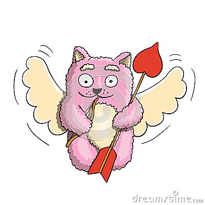 Valentines Day, Valentines Cupid Pink Cat With Little Bow and Big Arrow Ready for Lover`s Heart on White Background Vector Illustration