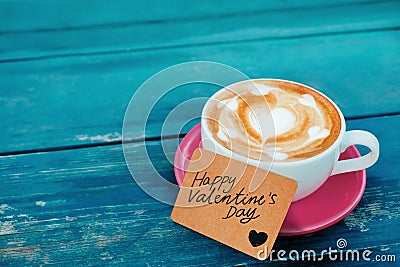 Valentines Day or Customer Care and Service Concept. The Barista Served a Hot Coffee Latte Cup with Note Stock Photo