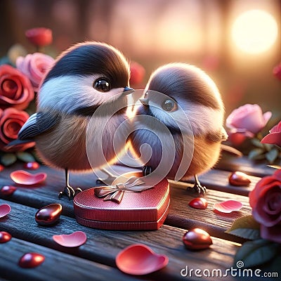 Valentines Day Cute Adorable Pair Chickadees Small Animals Forest Woodland Critters Winter Canada AI Generated Stock Photo