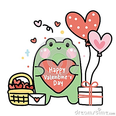 Valentines day.Cute frog hold heart with gift box and balloon on white background.Reptile Vector Illustration