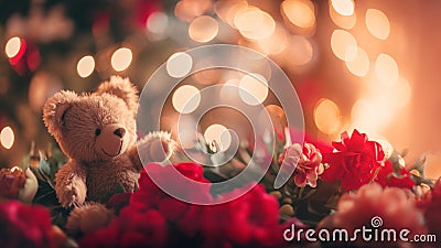 Valentines day decorated table with a teddybear on a sea of red and pink flowers. Cosy setting Stock Photo