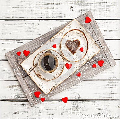 Valentines Day decoration red hearts Romantic breakfast coffee Stock Photo