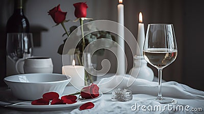 Valentines Day Dinner - White Romantic Table Setting With Wine Gift And Red Roses, generative ai Stock Photo