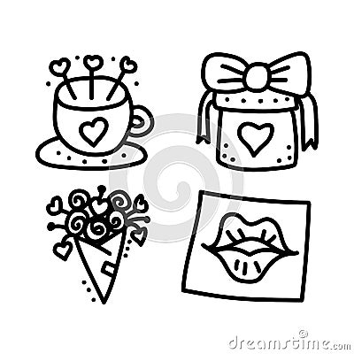 Valentines day Doodle set of icons date of lovers. First meeting cafe, a cup of coffee, a gift, a bouquet of flowers, a Vector Illustration