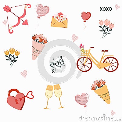 Valentines day elements designs collection. Valentine flat clipart set with bouquet of flowers, bicycle and hearts Cartoon Illustration