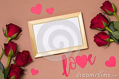 Valentines day,empty frame,love,nude background,gift,red roses,hearts,message,free copy text space Stock Photo