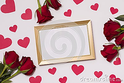 Valentines day,empty frame,seamless white background,red roses,hearts,message,free copy text space Stock Photo