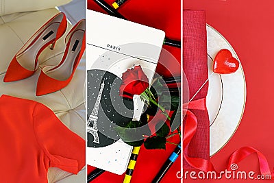 Valentines Day fashion layout with female accessories on classic red and white background. Stock Photo