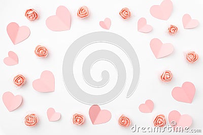 Valentines day floral background with coral or pink flowers shape heart flat lay. Mothers day, 8 March Women day. Top view Stock Photo