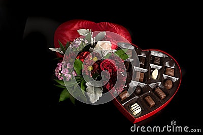 Valentines Day Flowers and Chocolates Stock Photo