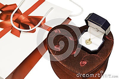 Valentines day gift bag with gold necklace Stock Photo