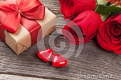 Valentines day gift box, roses and candy hearts Stock Photo