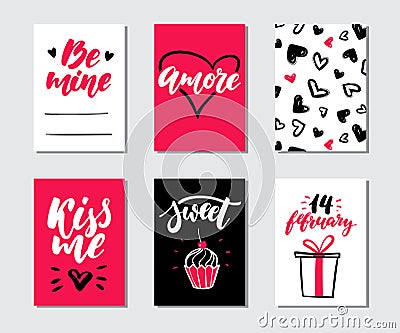 Valentines day gift card vector set. Hand drawn printable templates with lettering, texture, love quotes. Vector Illustration