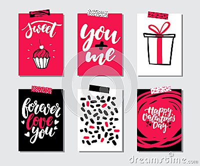 Valentines day gift card vector set. Hand drawn printable templates with lettering, texture, love quotes. Vector Illustration