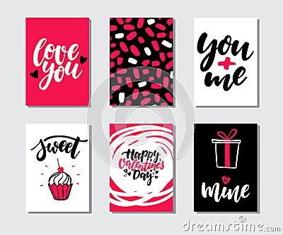 Valentines day gift card vector set. Hand drawn printable templates with lettering, texture, love quotes. Vector Illustration