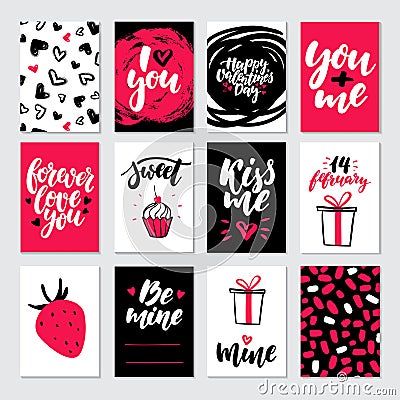 Valentines day gift card vector set. Hand drawn printable templates with lettering Vector Illustration