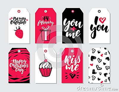 Valentines day gift tag vector set. Collection of hand drawn printable card templates Vector Illustration