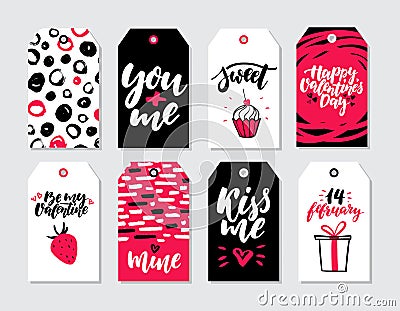 Valentines day gift tag vector set. Collection of hand drawn printable card templates with lettering Vector Illustration