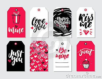 Valentines day gift tag vector set. Collection of hand drawn printable card templates with lettering Vector Illustration