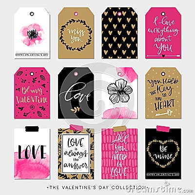 Valentines day gift tags and cards. Calligraphy design elements. Vector Illustration