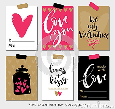 Valentines day gift tags and cards with calligraphy. Vector Illustration