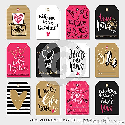 Valentines day gift tags and cards. Calligraphy hand drawn design. Vector Illustration