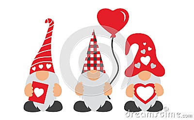 Valentines Day Gnomes with hat, balloon, & hearts Vector Illustration