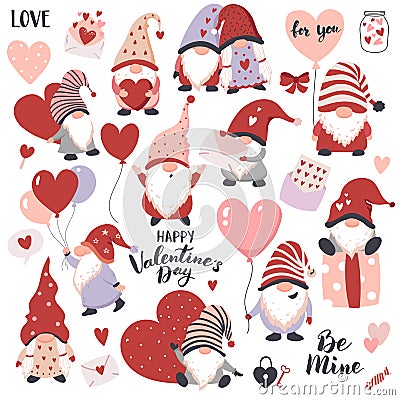 Valentines Day Gnomes with hearts, balloons, and gift boxes. Vector Illustration