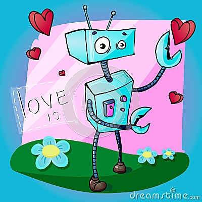 Valentines Day Greeting Card Cartoon Vector Illustration of Funny Robot Vector Illustration
