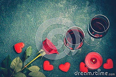 Valentines day greeting card concept. Wine glasses, rose and candle Stock Photo