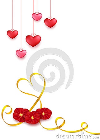 Valentines day greeting card design in 3d style on white background. Hanging red hearts with golden stripe and red rose petals flo Stock Photo