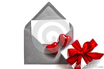 Valentines Day greeting card Red hearts decoration gift box Stock Photo