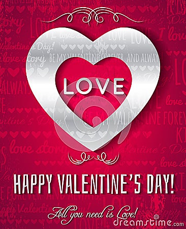 Valentines day greeting card with silver text, ve Vector Illustration