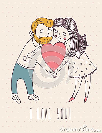 Valentines day greeting card in vintage hipster design with cute boy and girl. I love you retro note. Hand drawn style. Vector Illustration