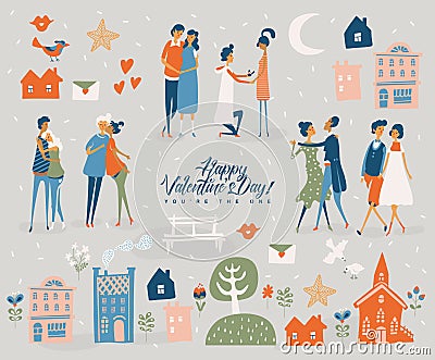 Valentines day greeting card in vintage style with cute couples Vector Illustration