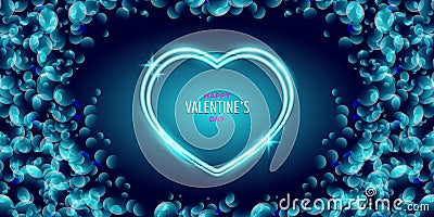 Valentines day greeting horizontal banner with blue neon heart and glowing azure petals isolated on background Vector Illustration