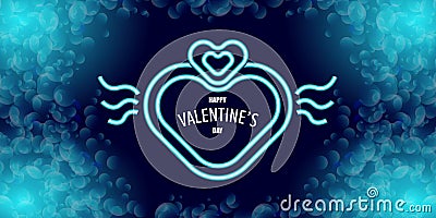 Valentines day greeting horizontal banner with blue neon heart and glowing azure petals isolated on background Vector Illustration